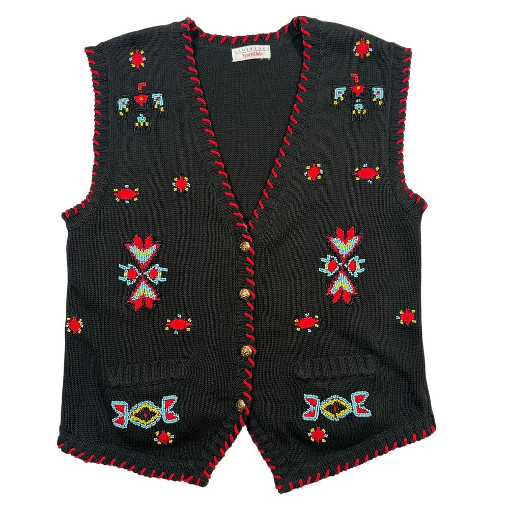 Vintage Cambridge Sports Club Beaded Southwest Black Sweater Vest Size Large